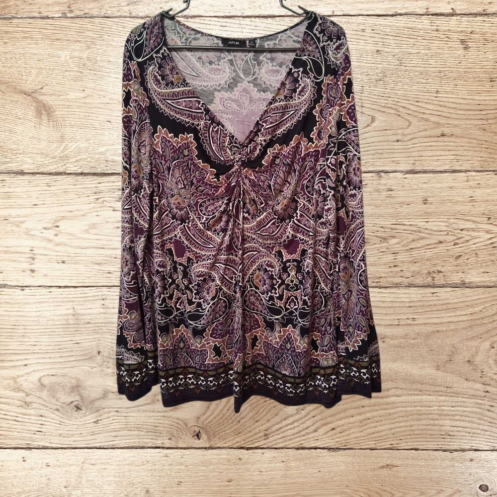 Apt 9 Women's Long Sleeve V-Neck Paisley Top Blouse Purple Burgundy Size XL